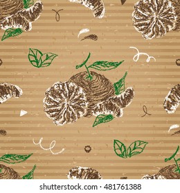 Tangerine seamless pattern on cardboard. Hand drawn citrus background. Vector 