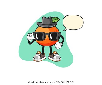 Tangerine secret agent with speech bubble cartoon. Mascot Character vector.