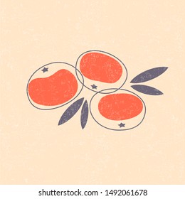 Tangerine simple illustration. Mandarin juicy fruits with leaves on shabby background.