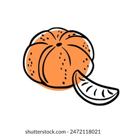 Mandarina con una rebanada sobre un fondo blanco. Doodle. Dibujo a mano.