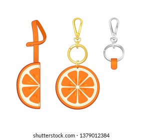 Tangerine slice printed key chain/ bag charm, Tangerine Semicircular tag with strap, vector illustration sketch template