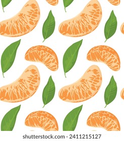 Tangerine slices with leaves. Seamless pattern in vector. Cute food pattern. Suitable for backgrounds and prints.