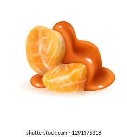 Tangerine slices in melted caramel glaze. Mandarin peeled segments covered with liquid brown sauce isolated on white background. Orange sections in sweet cream. Photorealistic 3d vector illustration