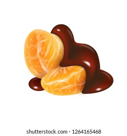 Tangerine slices in melted chocolate glaze. Mandarin peeled segments covered with liquid dark brown sauce isolated on white background. Orange sections in cocoa cream. Photorealistic vector