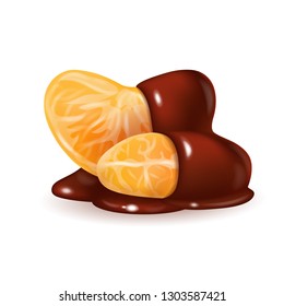 Tangerine slices in melted chocolate glaze. Mandarin peeled segments covered with liquid dark brown sauce isolated on white background. Orange sections in cocoa cream. Photorealistic 3d vector