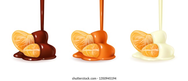 Tangerine slices in pouring melted chocolate glaze. Mandarin peeled segments covered with liquid dark brown sauce isolated on white background. Orange sections in flowing cocoa cream. Photorealistic
