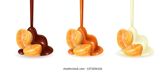 Tangerine Slices In Pouring Melted Chocolate Glaze. Mandarin Peeled Segments Covered With Liquid Dark Brown Sauce Isolated On White Background. Orange Sections In Flowing Cocoa Cream. Photorealistic