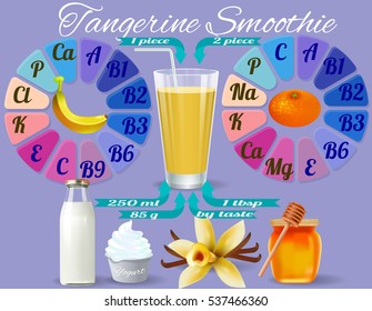 Tangerine smoothie recipe. Realistic vector illustration of ingredients with vitamins and minerals which they contain.