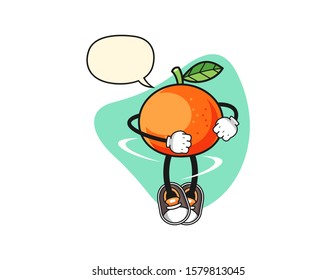 Tangerine spinning with speech bubble cartoon. Mascot Character vector.
