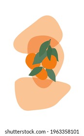 Tangerine sprigs on a beige background. Modern design for paper, interior, cover and more. Minimalistic art object.