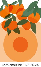 Tangerine sprigs on a beige background. Modern design for paper, interior, cover and more. Minimalistic art object.