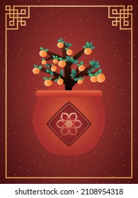 Tangerine tree in pot with spring couplet isolated on red background with traditional chinese golden frame. Vector illustration of spring festival decoration elements.  