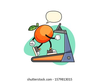 Tangerine walking on treadmill with speech bubble cartoon. Mascot Character vector.