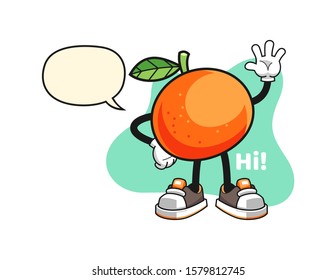 Tangerine wave hand with speech bubble cartoon. Mascot Character vector.