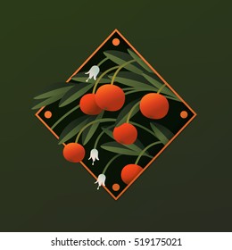 Tangerines app icon vector.vector flat style fruit orange branch on dark background.
