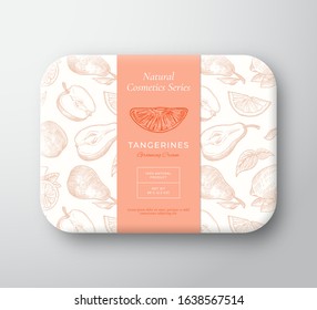 Tangerines Bath Cosmetics Package Box. Abstract Vector Wrapped Paper Container with Label Cover. Packaging Design. Modern Typography and Hand Drawn Fruits, Citrus Background Pattern Layout. Isolated.