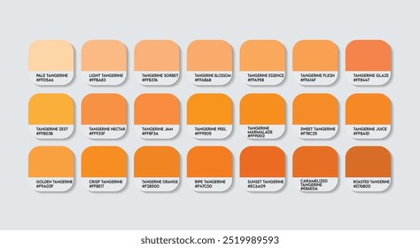 Paleta de colores de mandarinas, Guía de colores de mandarinas Paleta con nombres de colores. Muestras de Catálogo de naranja con códigos RGB HEX. plástico, pintura, variaciones naturales de color marrón anaranjado, color de mandarinas de moda