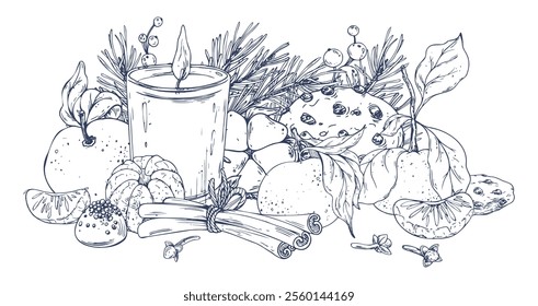 Tangerines with cotton, pine branches and cones, sweets, candle and spices. Graphic illustration hand drawn in black ink. Composition, sublimation, arrangement EPS vector.