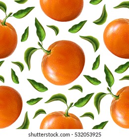 Tangerines with leaves on a white background. Vector seamless pattern.