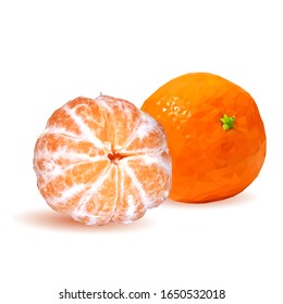 Tangerines low poly. Fresh, nutritious and tasty tangerines. Elements for label design. Vector illustration. Mandarin in triangulation technique. 
