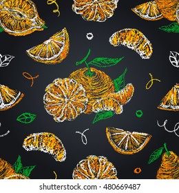Tangerines and minneolas seamless pattern on chalkboard. Hand drawn citrus background. Pastel drawing. Vector 