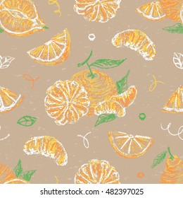Tangerines and minneolas seamless pattern on cardboard. Hand drawn citrus background. Pastel drawing. Vector 