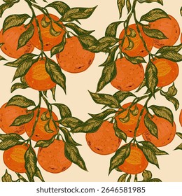 Tangerines on branches. Modern illustration in retro style with sketch elements. Seamless pattern inspired by the Mediterranean