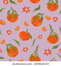 Tangerines pattern, citrus flowers and tangerine slices. Grainy texture, cartoon style, doodle, grunge texture, colored pencil, old paint, pencil texture, pastel, pencil. Vector seamless pattern.