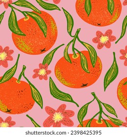 Tangerines pattern, citruses and flowers. Grainy texture, cartoon style, doodle, grunge texture, colored pencil, old paint, pencil texture, pastel, pencil. Vector seamless pattern.