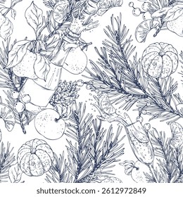 Tangerinas com ramos de pinheiro e cones, champanhe em garrafas e copos. Desenhado à mão Ilustração gráfica desenhada à mão em tinta preta. Vetor EPS de padrão contínuo.