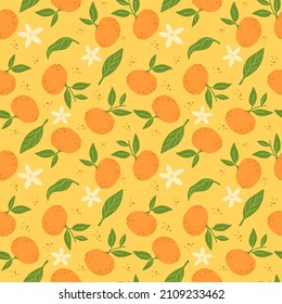 Patrón sin fisuras de mandarinas. Papel de fondo interminable con cítricos naranjas. Un marco gastronómico agradable. Estilo ingenuo. Diseño para tela, impresión textil, superficie, envoltura, cubierta. Ilustración del vector Doodle
