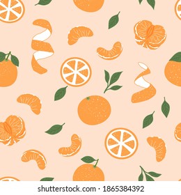 Tangerines tropical seamless pattern. Trendy hand drawn vector stylized whole fruit, twigs, leaves, slices. Repeated citrus on beige background. Orange design for web banner, wrapping, print
