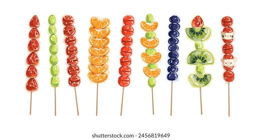 Tanghulu, Asian street food. Sugar-coated fruits and berries on sticks. Sweet Tang hulu snacks set. Skewered strawberry, tomato, kiwi candies. Flat vector illustration isolated on white background