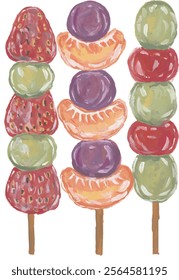 Tanghulu dessert fruit sugar candy hand drawn watercolor illustration clipart