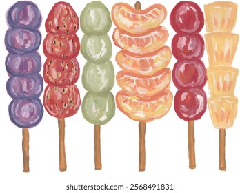 Tanghulu dessert fruit sugar candy hand drawn watercolor illustration clipart