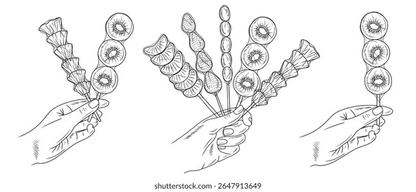 Tanghulu sweet candied fruits on stick holding in hand. Tangerine, pineapple, kiwi, strawberry and grape sugar syrup coated. Hand drawn vector sketch illustration in vintage line art, street food