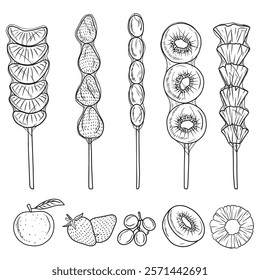 Tanghulu sweet candied sugar coated fruits on stick in black isolated on white background. Hand drawn vector sketch illustration in doodle engraved vintage line art style. Asian sweet fruit candy