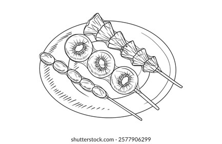 Tanghulu sweet candied sugar coated pineapple, kiwi and grape on stick on plate isolated on white background. Hand drawn vector sketch illustration in doodle engraved vintage line art style
