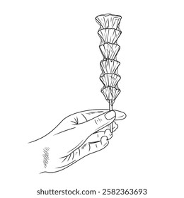 Tanghulu sweet candied sugar coated pineapple on stick in hand in black. Hand drawn vector sketch illustration in doodle engraved vintage line art. Asian sweet fruit candy, glazed fruits street food.