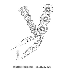 Tanghulu sweet candied sugar coated kiwi and pineapple on stick in hand. Hand drawn vector sketch illustration in doodle engraved vintage line art style. Asian fruit candy, glazed fruits street food