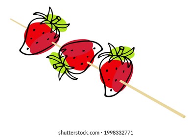 Tanghulu. Traditional North Chinese sugar fruit snack. Healthy sweets with strawberry. Hand drawn candied red berry on the stick.
