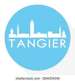 Tánger, Marruecos Round Button City Skyline Design. Turismo de Viajes de Silhouette Stamp Vector.