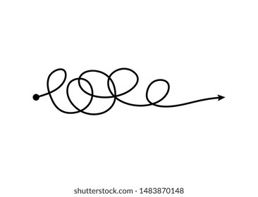 Tangle Arrow Line In Freehand Scribble Style, Messy Chaotic Thought Process Doodle Or Curvy Complicated Path Abstract Sketch Drawing - Isolated Vector Illustration On White Background