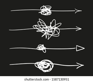 Tangle arrow on isolated black background. Hand drawn tangled arrows. Set of different pointers. Black and white illustration