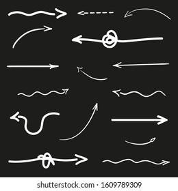 Tangle arrow on isolated black background. Hand drawn simple arrows. Set of different wavy pointers. Black and white illustration