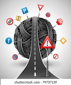 tangle ball of roads with signs vector illustration