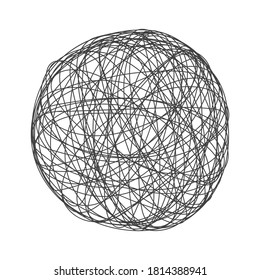 Tangle chaos abstract hand drawn messy scribble sphere ball vector illustration. Random chaotic dynamic scrawl lines. Wild emotion irregular pattern isolated on white background.