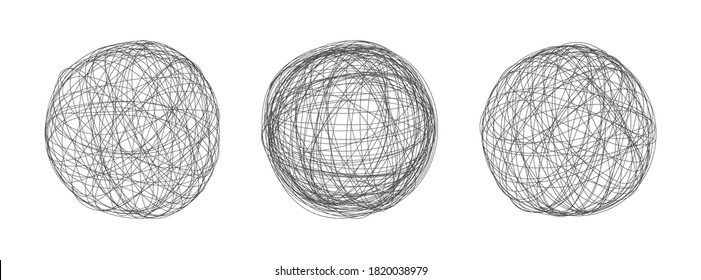 Tangle chaos abstract hand drawn messy scribble sphere ball vector illustration set. Random chaotic dynamic scrawl lines. Wild emotion irregular pattern isolated on white background.