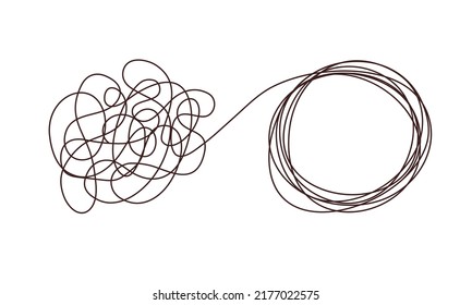 Tangle chaos, psychoterapy concept. Business design in one line, order theory. Doodle graphic spiral solution. Vector object isolated on white background.