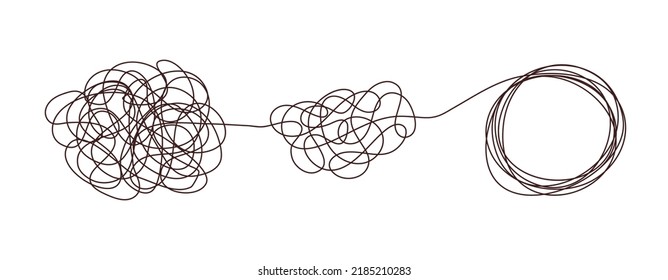Tangle chaos, psychoterapy concept. Business design in one line, order theory. Doodle graphic spiral solution. Vector object isolated on white background.